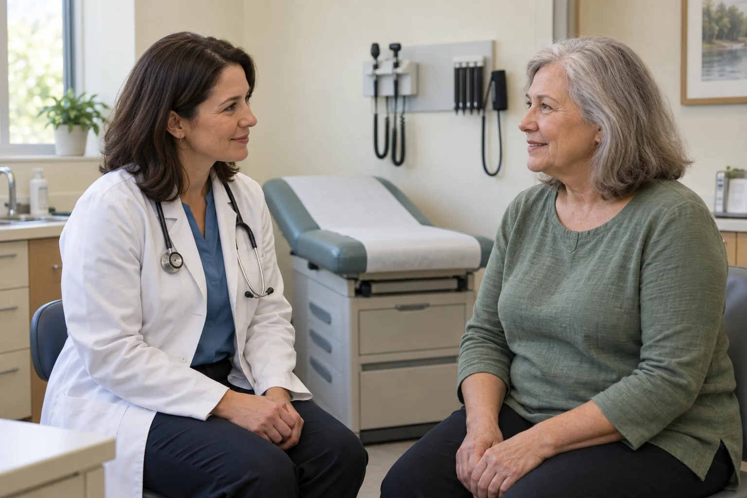 Illustrative scene of an adult and a clinician talking in a medical exam room.
